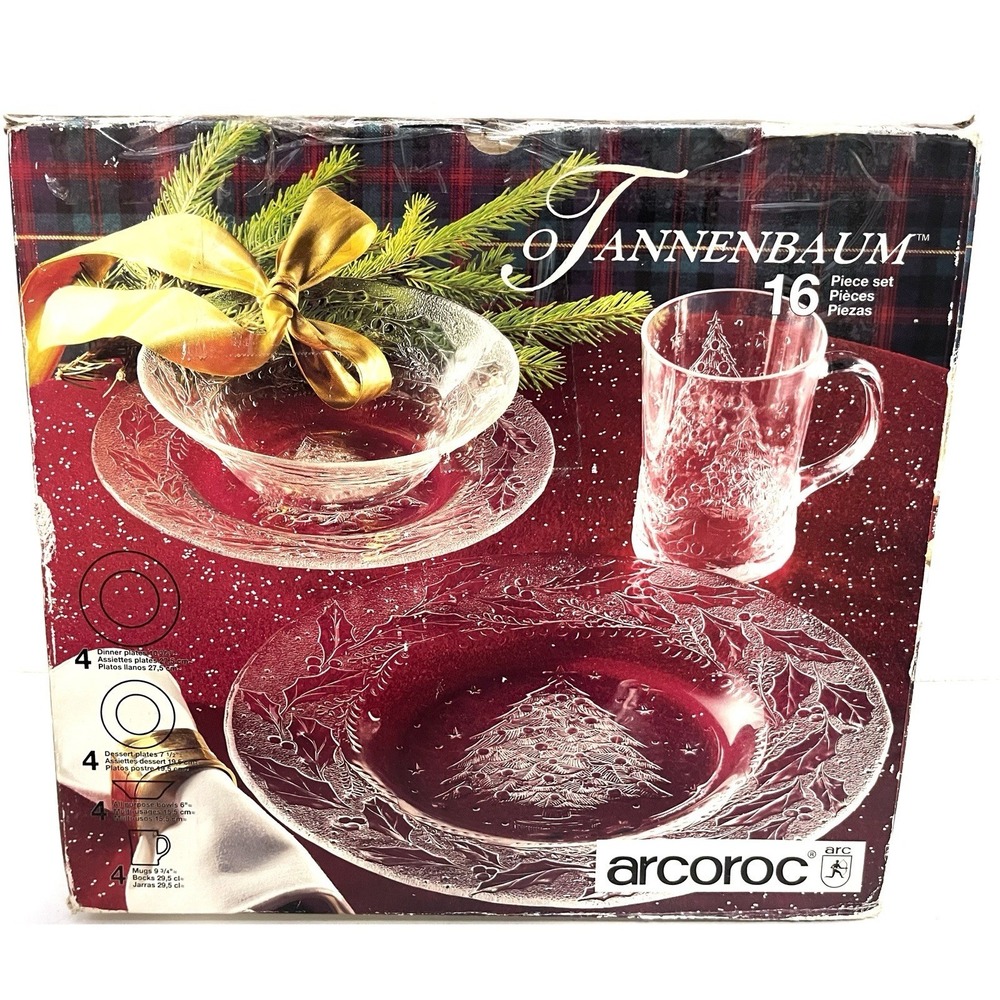 VTG ARCOROC TANNENBAUM CHRISTMAS TREE HOLLY GLASS 16 PIECE DINNER SET USA